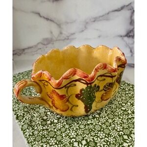 Italica Ars Italy Hand Painted Ceramic Grape Vine Scalloped Serving Bowl Yellow